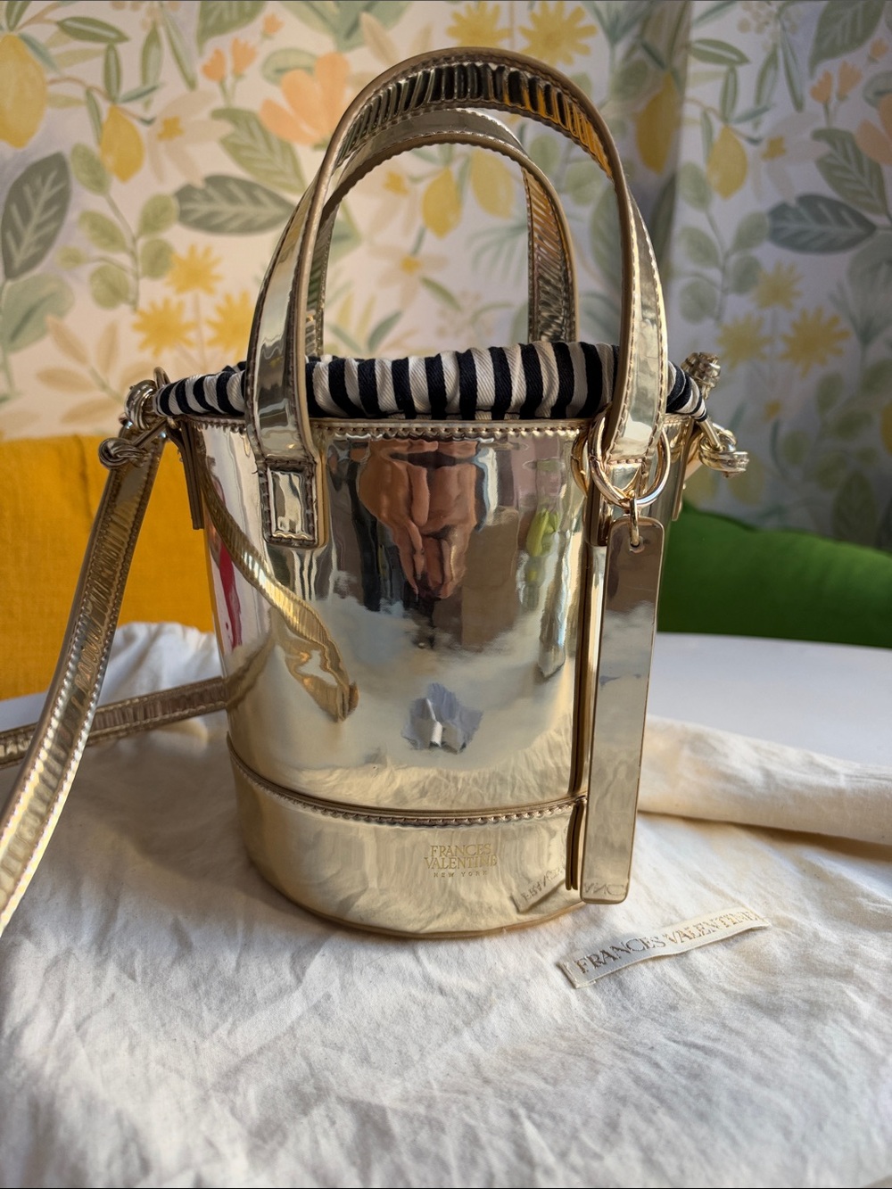 Frances Valentine Gold Metallic Mini Bucket Bag Crossbody with Dust Bag